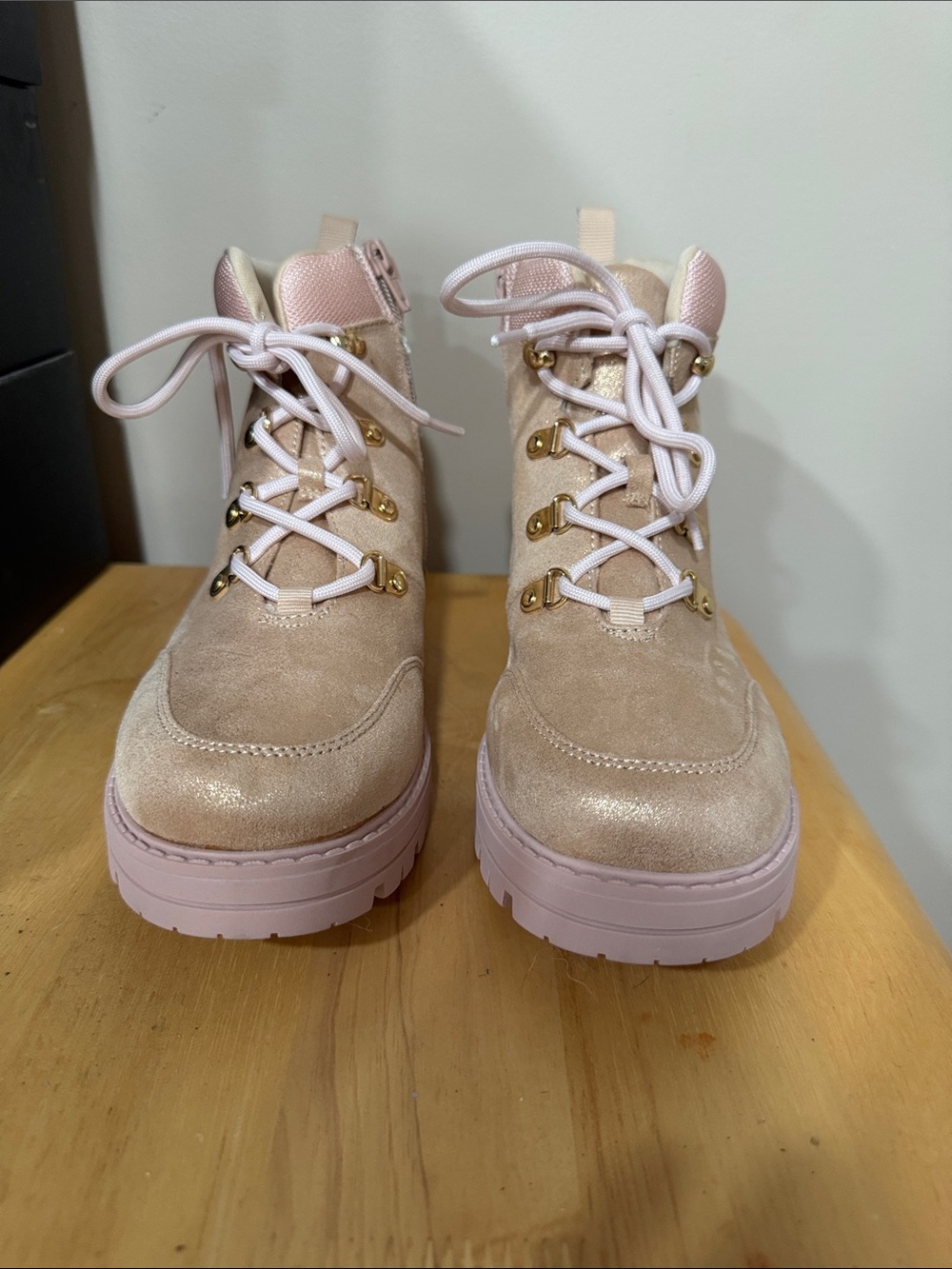 Kohl's Beige and Light Pink Platform Lace-Up Kids Boots